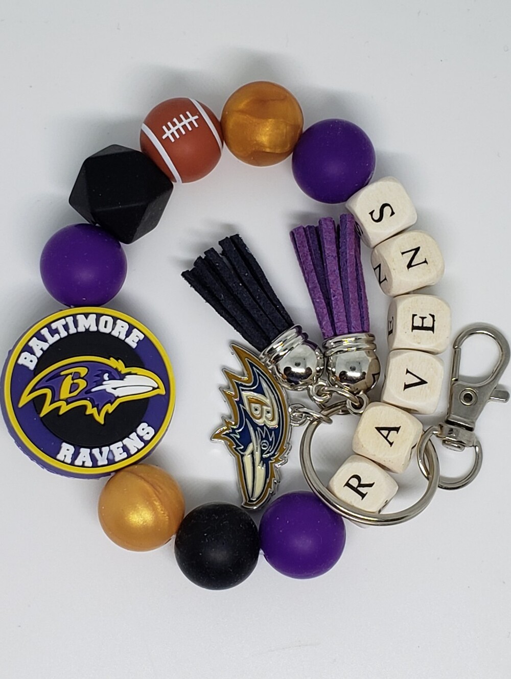 Handmade Ravens Beaded Wooden Silicone Focal Bead Wristlet Keychain Bracelet